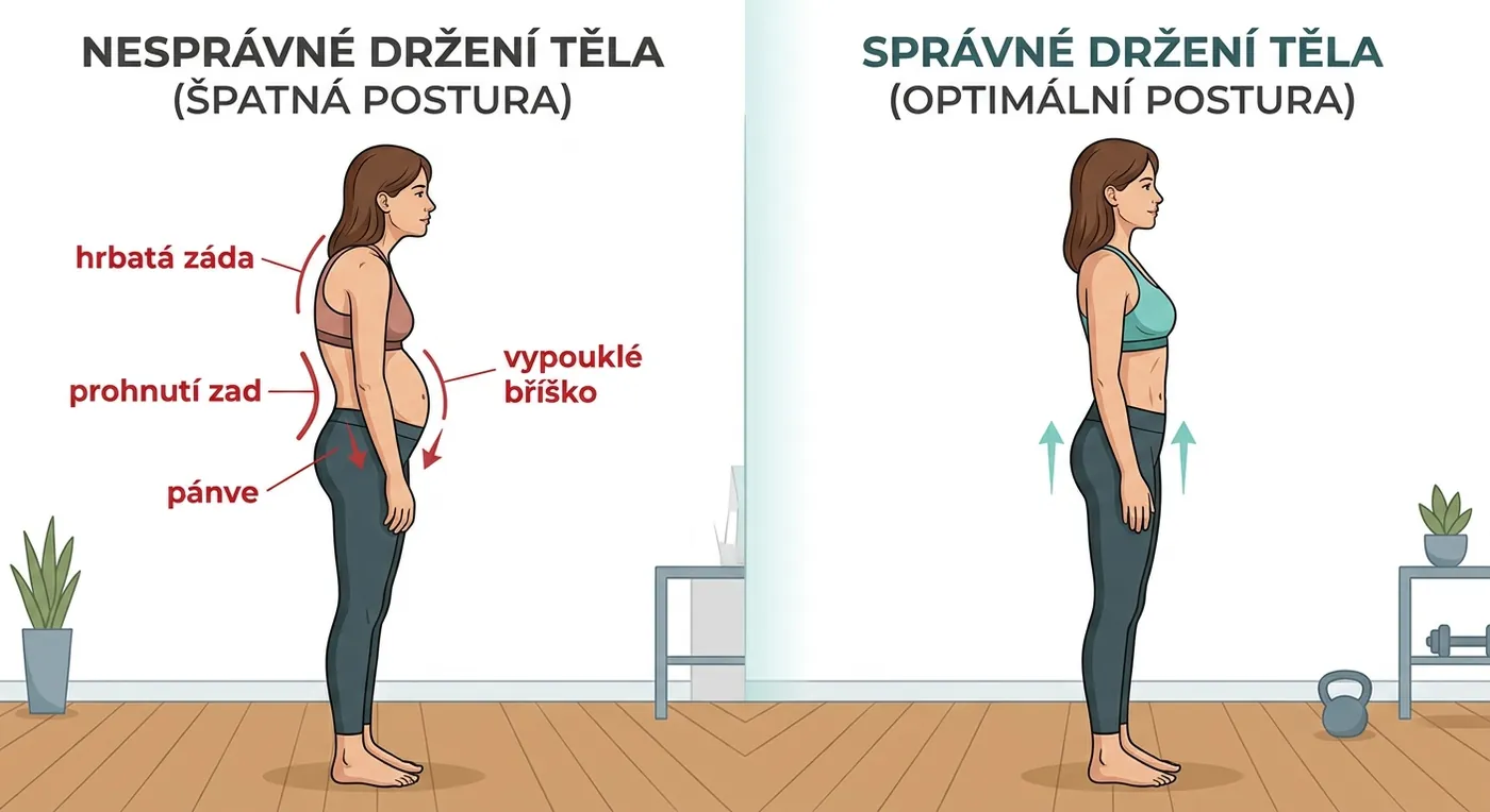 Nesprávné a správné držení těla: hrbatá záda, prohnutí zad a vypouklé bříško proti vyrovnané postuře